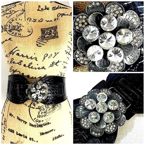 Vintage Black Croc Embossed Rhinestone stretch Belt - Picture 1 of 14